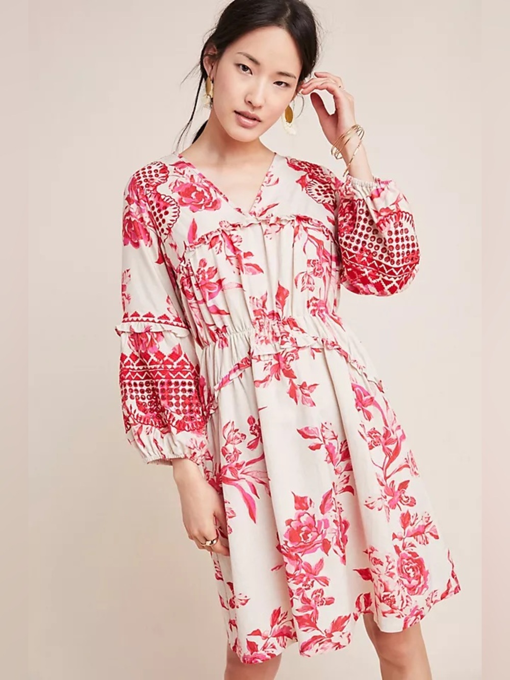 Anthropologie Boho Cotton blend Vineet Bahl Embroidered Ruffle Mini Dress Sz L